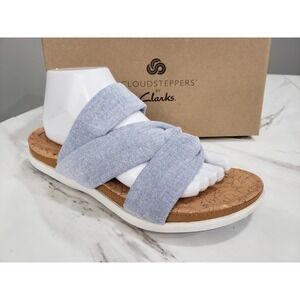 NEW SIZE 10 - Clark's Cloudsteppers Linen Slide Sandals Eliza Skip Natural Blue‎